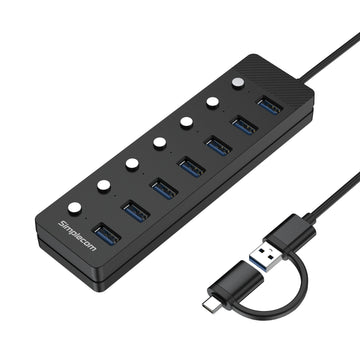 Simplecom CH375C USB-A and USB-C to 7-Port USB 3.0 Hub 5Gbps Individual Switches and Power Adapter - 0
