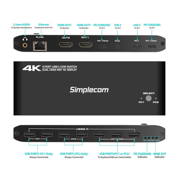 Simplecom KM590 2-Port USB-C Dual 4K HDMI Monitor KVM Switch and Docking Station with Network Sharing - 0