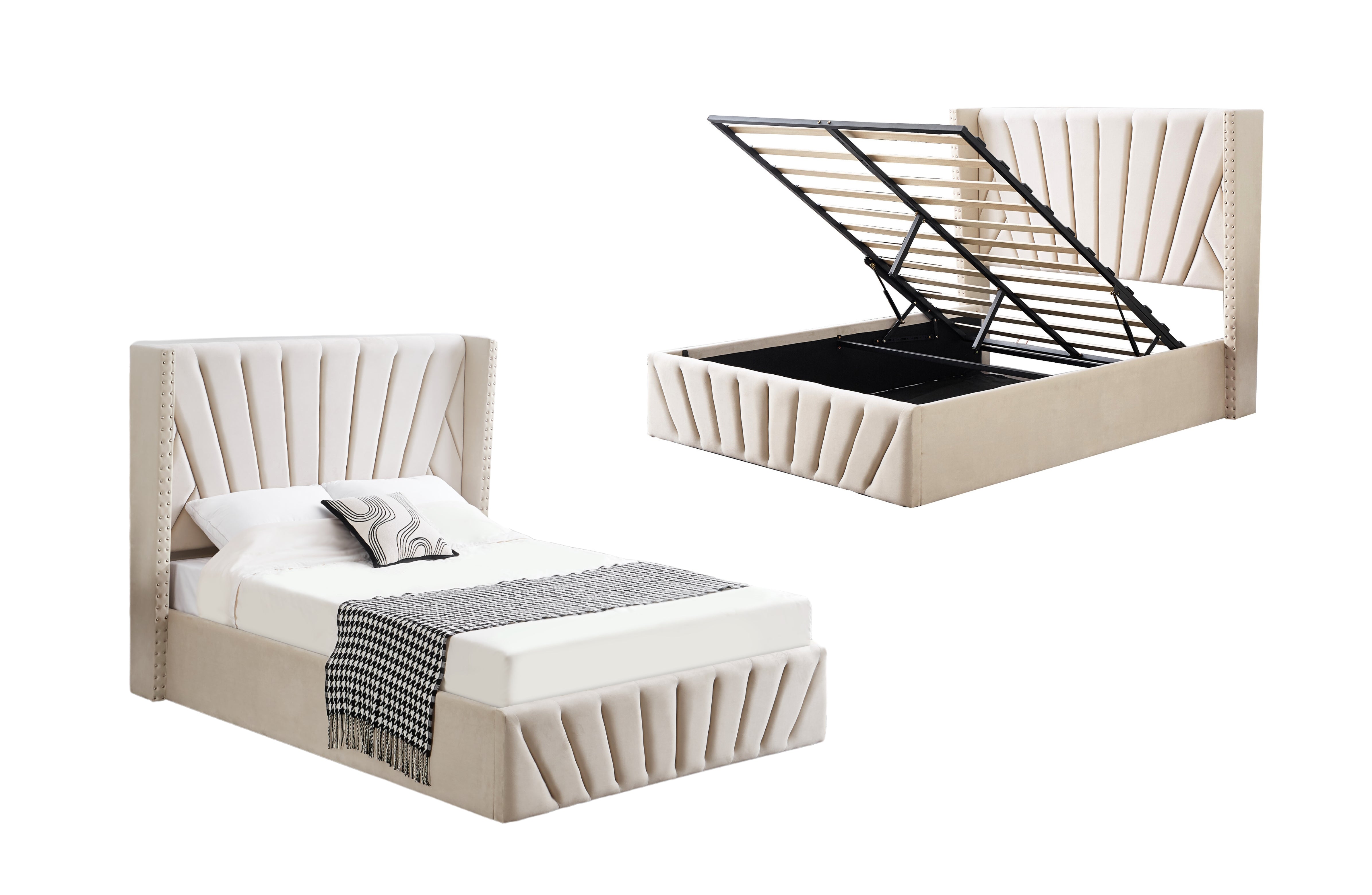 Allure Beige Velvet Gas Lift Bed - King - 0