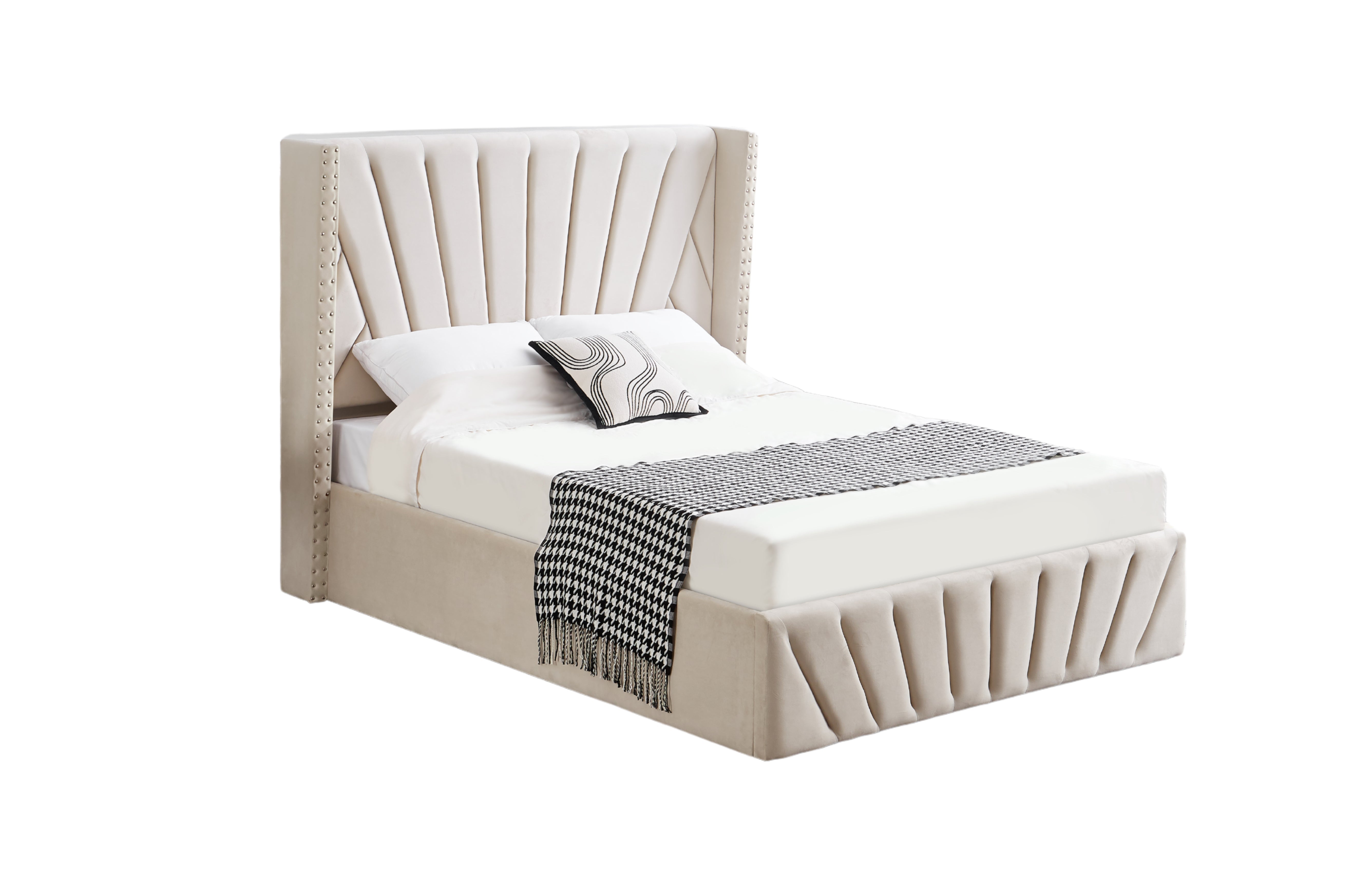 Allure Beige Velvet Gas Lift Bed - Queen