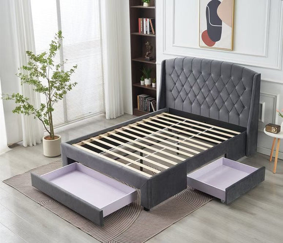 Paris Tall Tufted Velvet Dark Grey Bed with Storage Drawer - King