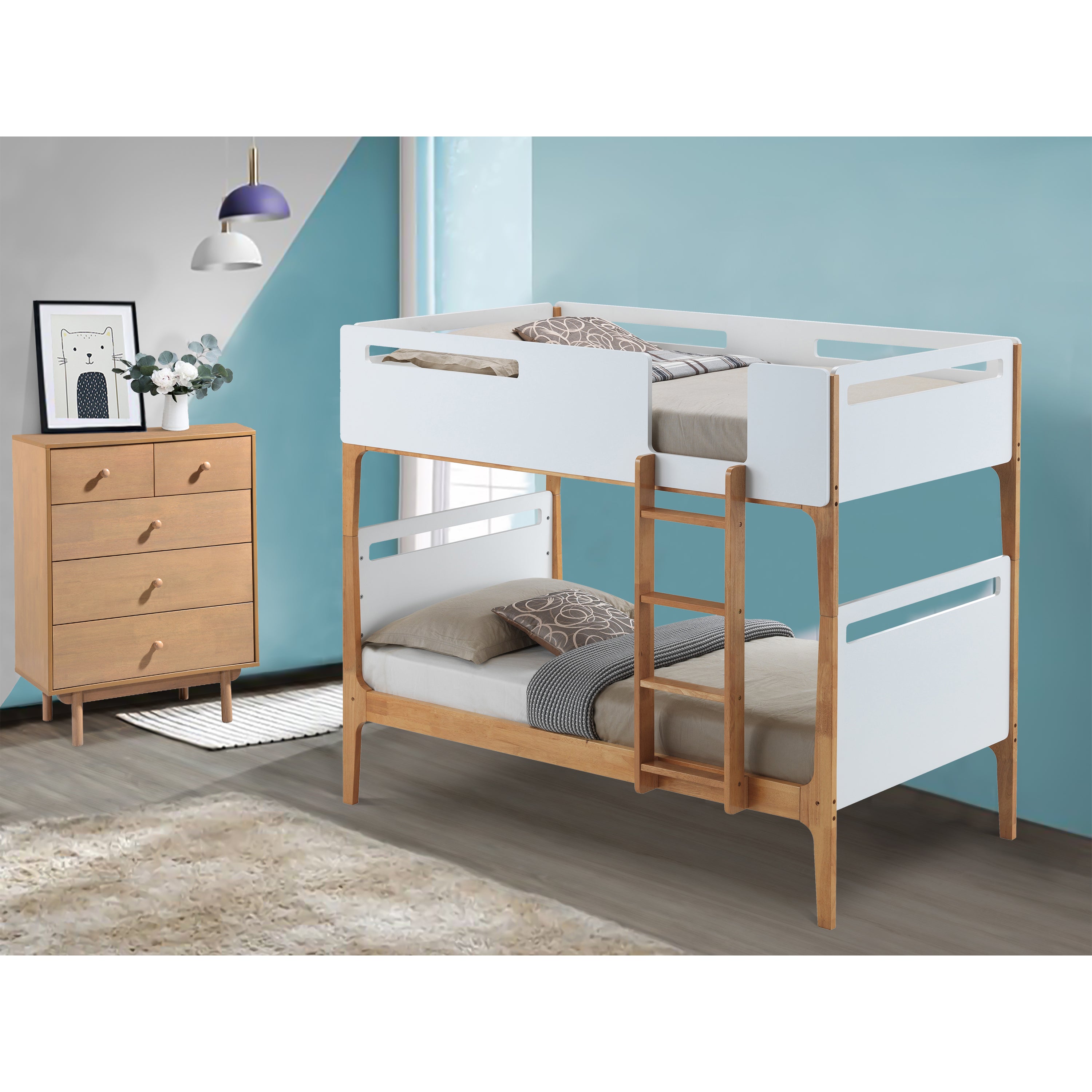 Baby Rose Single Bunk Bed Frame Solid Rubber Timber Wood Loft Furniture - White - 0