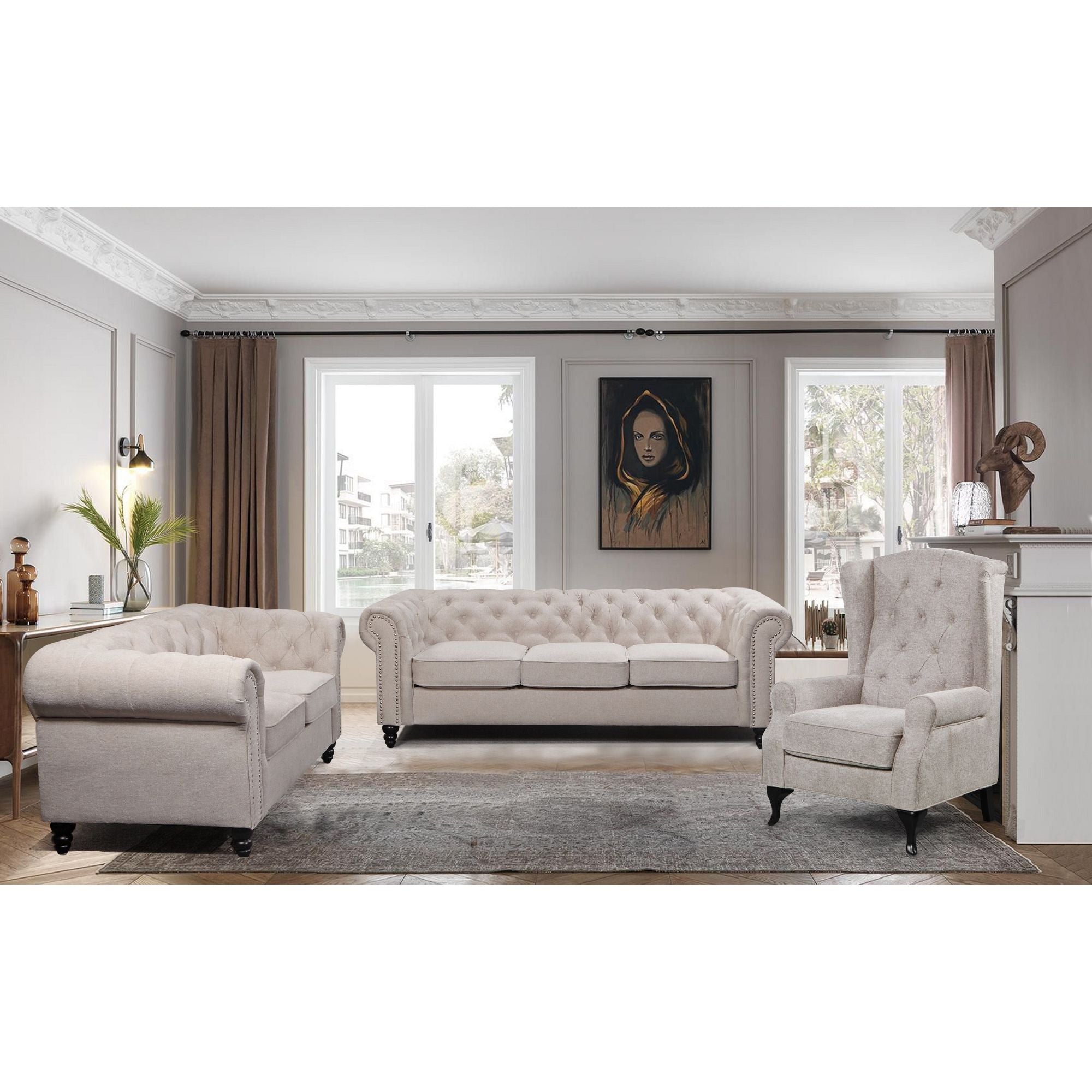 Mellowly 3 Seater Sofa Fabric Uplholstered Chesterfield Lounge Couch - Beige - 0