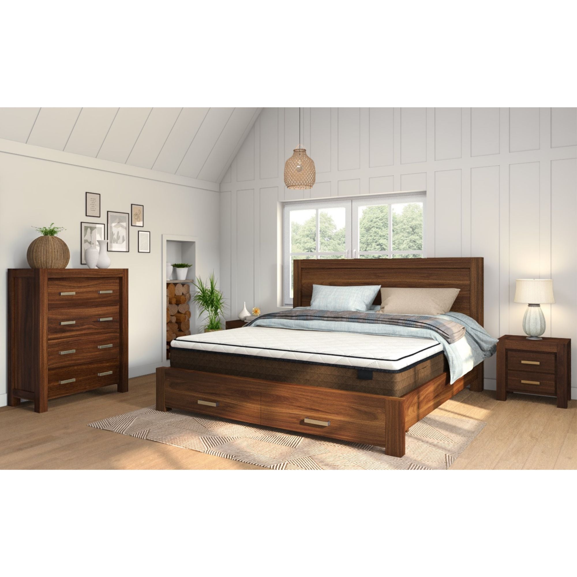 Comfortis 4pc King Bed Frame Suite Bedside Tallboy Furniture Package - Walnut - 0