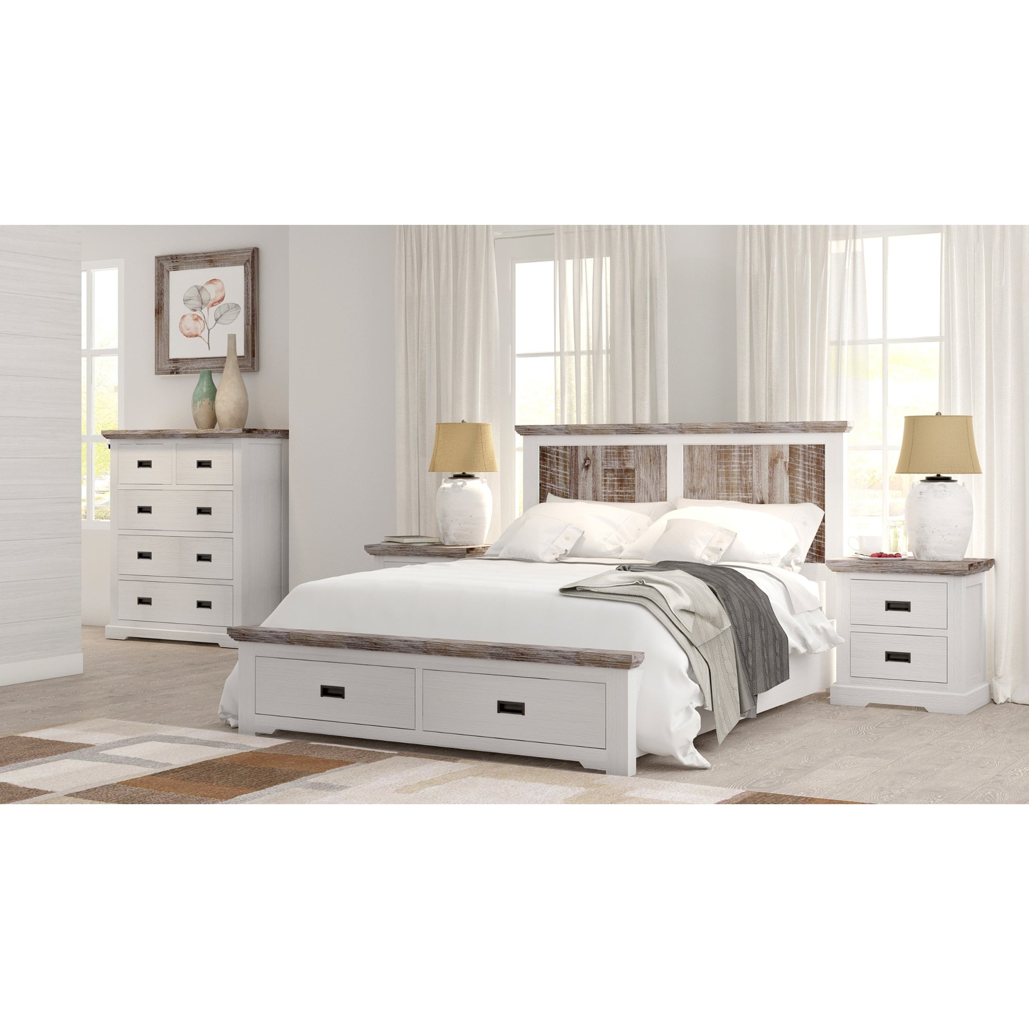 Fiona Bed Frame Queen Size Timber Mattress Base With Storage Drawers White Grey - 0