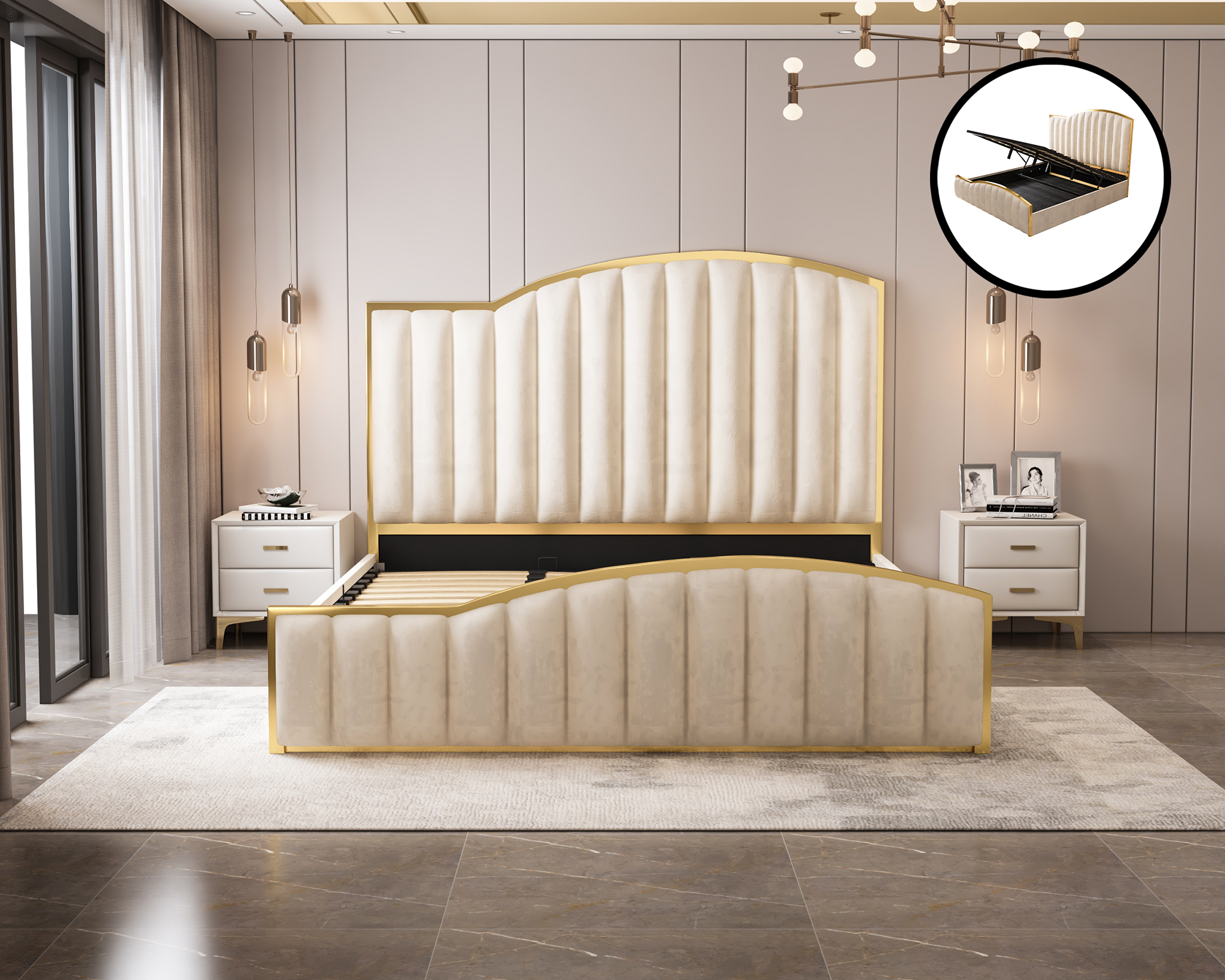 Elegant Luxury King Size Bedframe in Beige with Gas Lift Storage Velvet Fabric Golden Trim