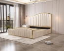 Elegant Luxury King Size Bedframe in Beige with Gas Lift Storage Velvet Fabric Golden Trim-4