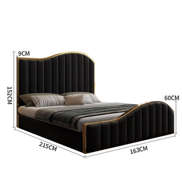 Queen Size Black Velvet Fabric Golden Metal Storage Elegant Luxury Bedframe - 0