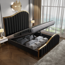 Queen Size Black Velvet Fabric Golden Metal Storage Elegant Luxury Bedframe-3