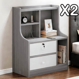 2x bedside table pair lockable drawer curved sides modern design bedroom
