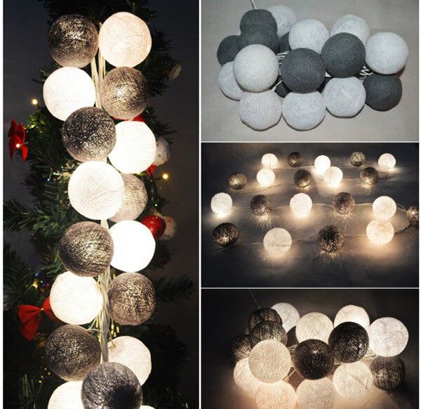 1 Set of 20 LED Black White 5cm Cotton Ball Battery Powered String Lights Xmas Gift Home Wedding Party Bedroom Decoration Outdoor Indoor Table Centrepiece - 0