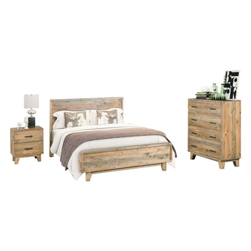 4 Pieces Bedroom Suite Double Size in Solid Wood Antique Design Light Brown Bed, Bedside Table & Tallboy - 0