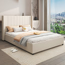 Alexa Queen Size High Rise Headboard Linen Beige Fabric Four MDF Drawers with Wheels Bed Frame-1