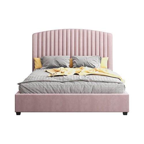 Camelia Double Size Bed Frame Pink Velvet Upholstery High Headboard Quality Slats Metal Structure - 0