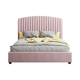Camelia King Single Size Bed Frame Pink Velvet Upholstery High Headboard Quality Slats Metal Structure - 0