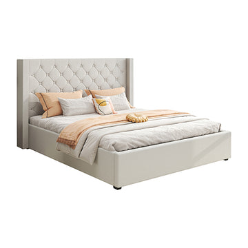 Veronica Bed Frame King Size Winged Grey Linen Fabric Seam Grid Pattern with gas lift plywood metal structure - 0