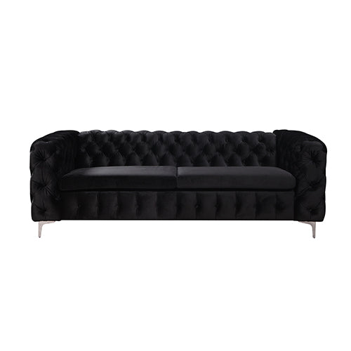 3+2 Seater Sofa Classic Button Tufted Lounge in Black Velvet Fabric with Metal Legs - 0