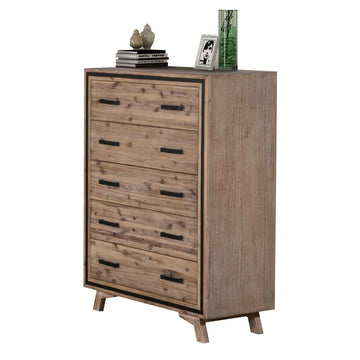 Tallboy with 5 Storage Drawers Solid Acacia Wooden Frame in Silver Brush Colour - 0