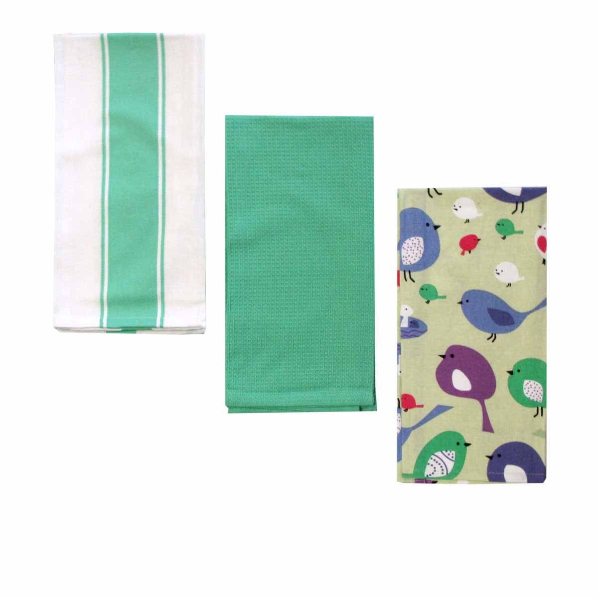 Home Oasis Set of 3 Printed Cotton Rich Tea Towels 50 x 70 cm Birdie Mint