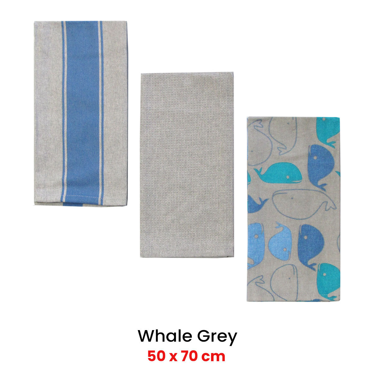 Home Oasis Set of 3 Printed Cotton Rich Tea Towels 50 x 70 cm Whale Grey - 0