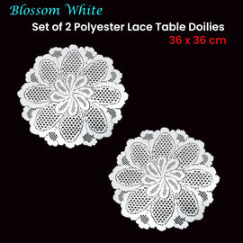 Blossom White Set of 2 Polyester Lace Table Doilies 36 cm Diameter - 0