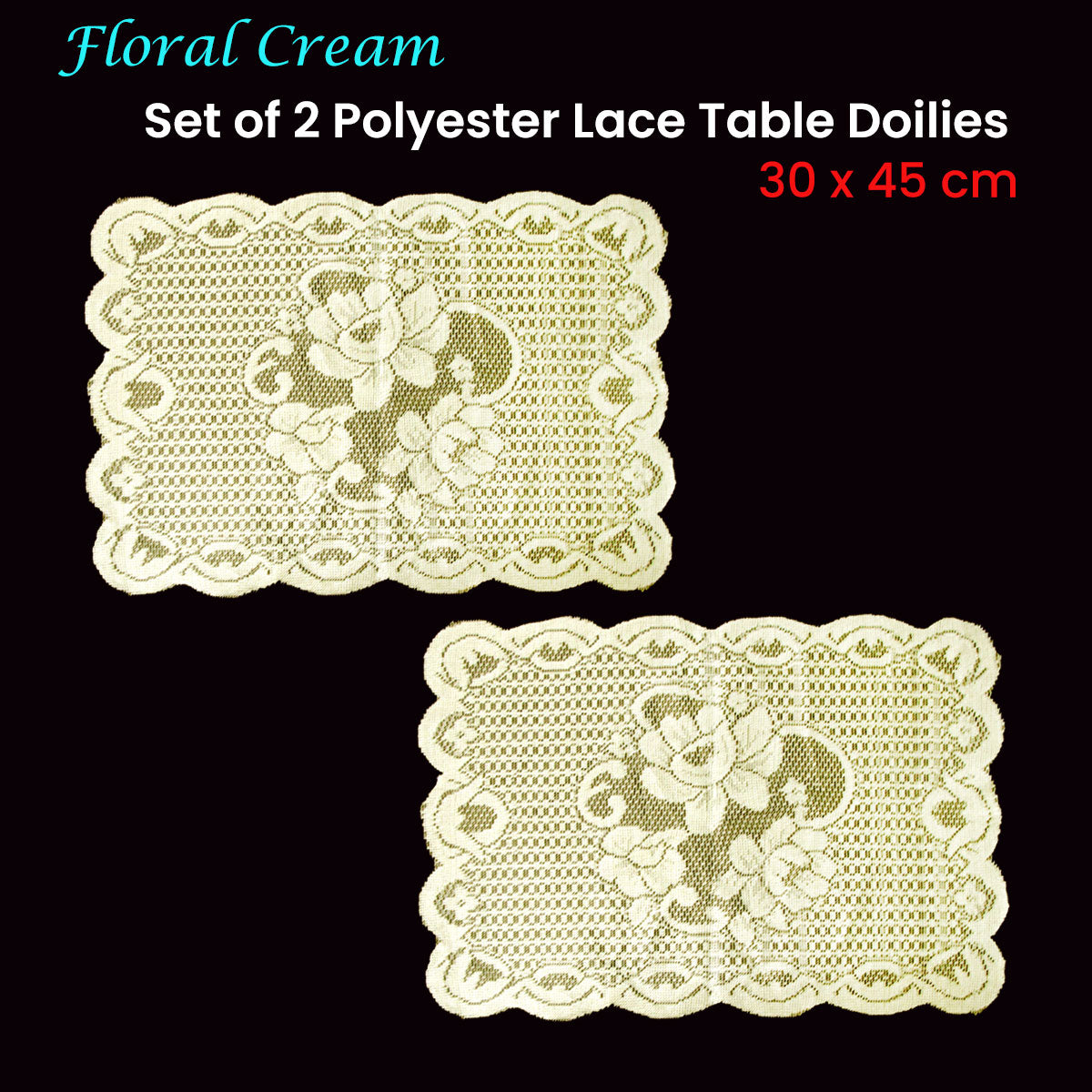 Floral Cream Set of 2 Polyester Lace Table Doilies 30 x 45 cm - 0