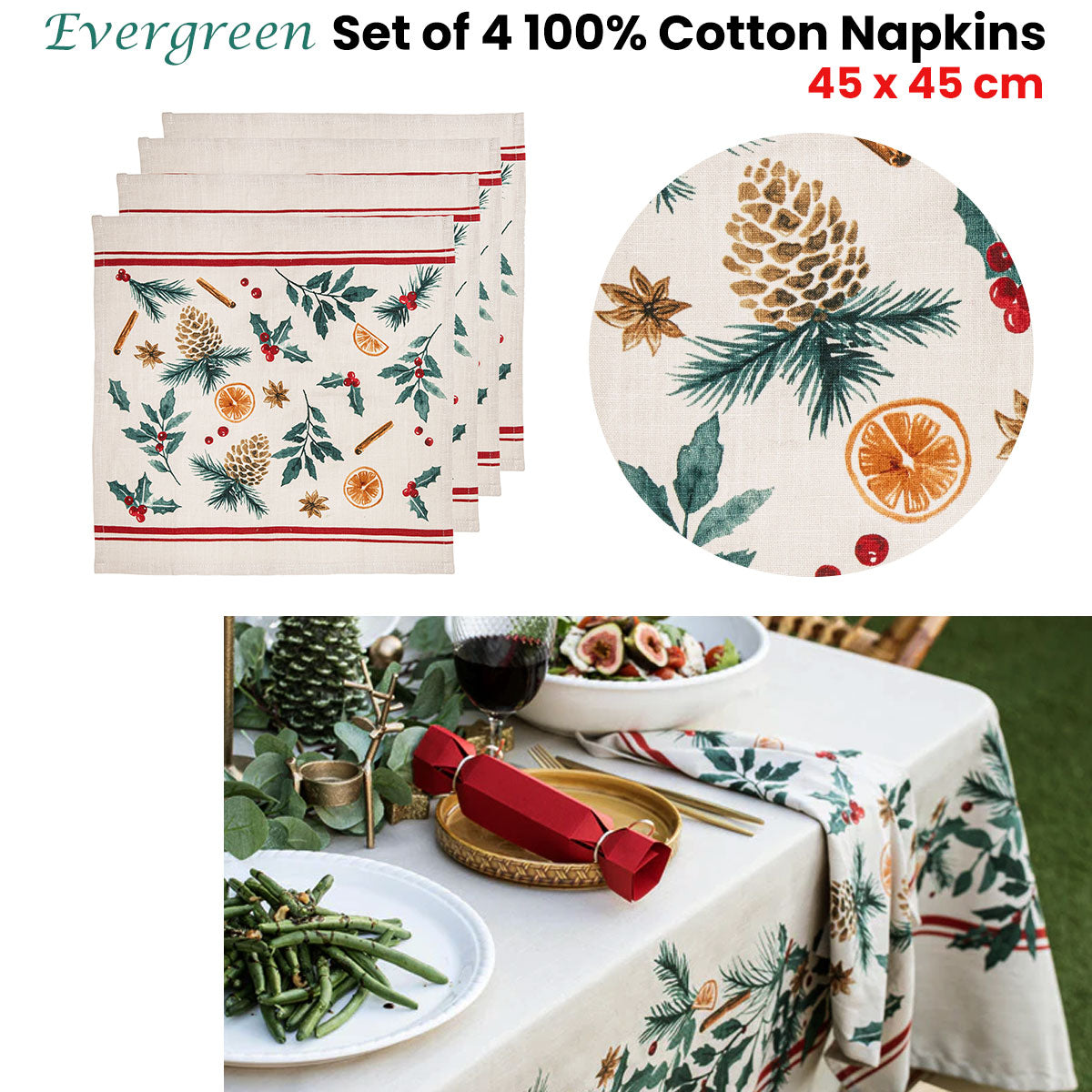 Ladelle Set of 4 Evergreen 100% Cotton Napkins 45 x 45 cm - 0