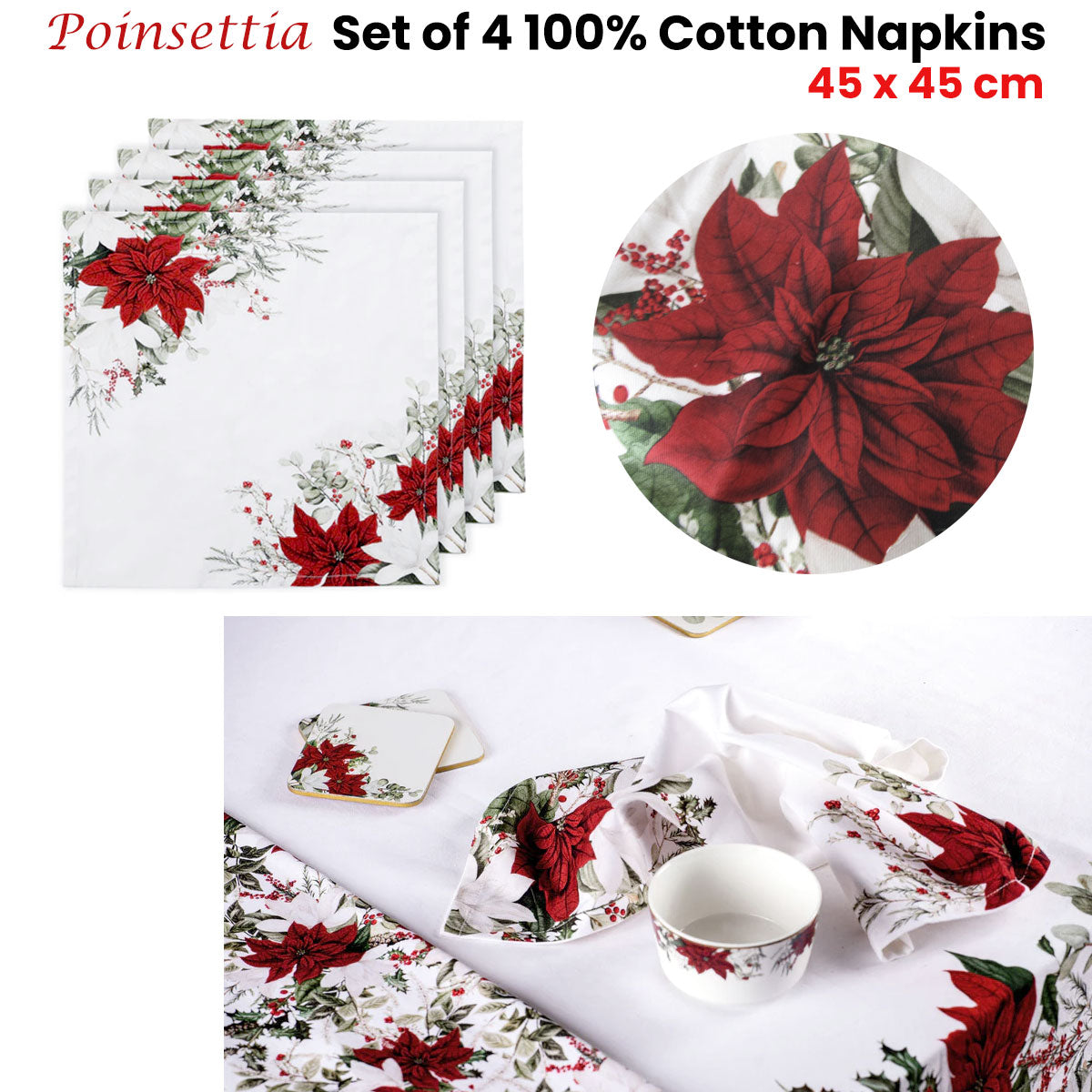 Ashdene Set of 4 Poinsettia 100% Cotton Napkins 45 x 45 cm - 0