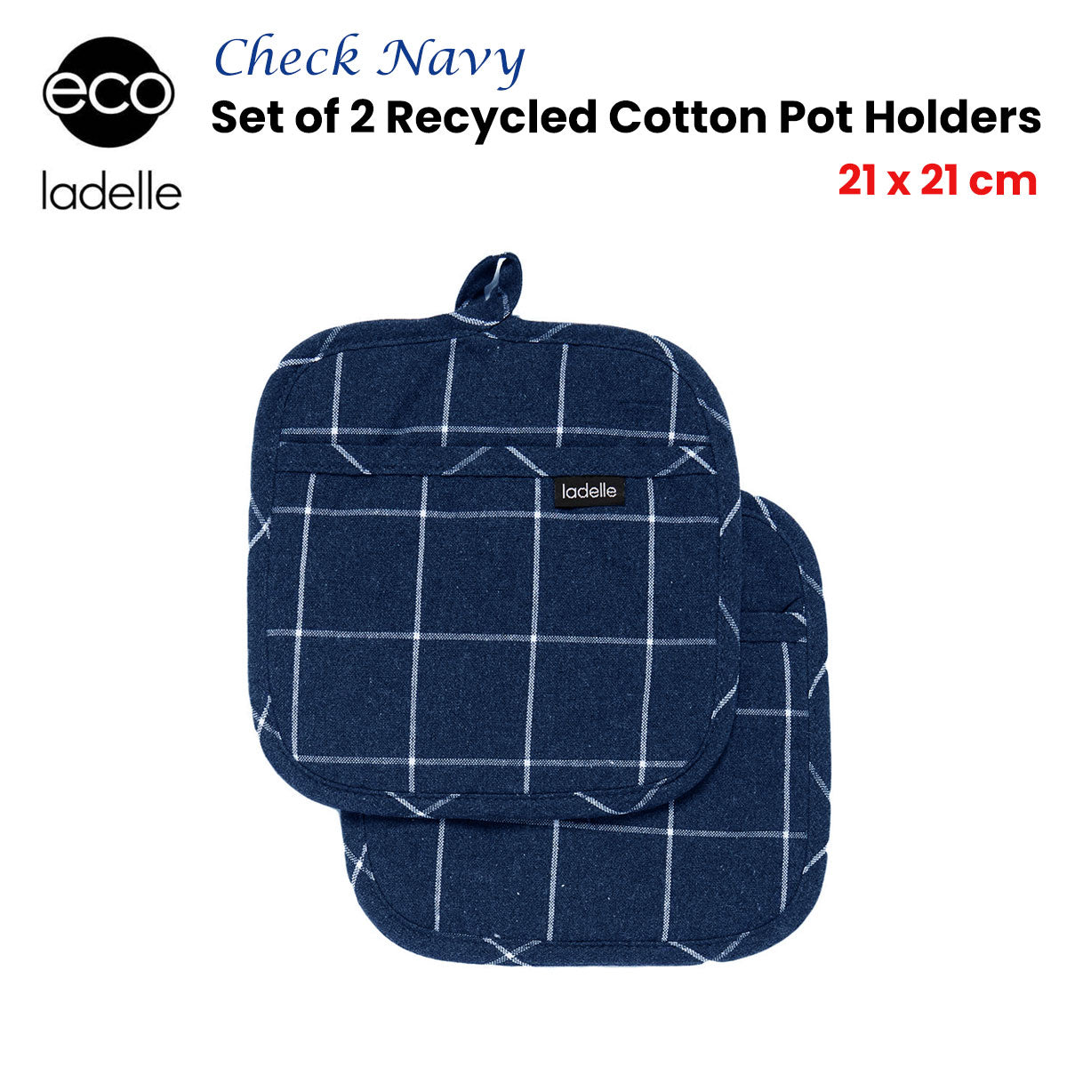 Ladelle Eco Check Navy Set of 2 Pot Holders 21 x 21 cm - 0