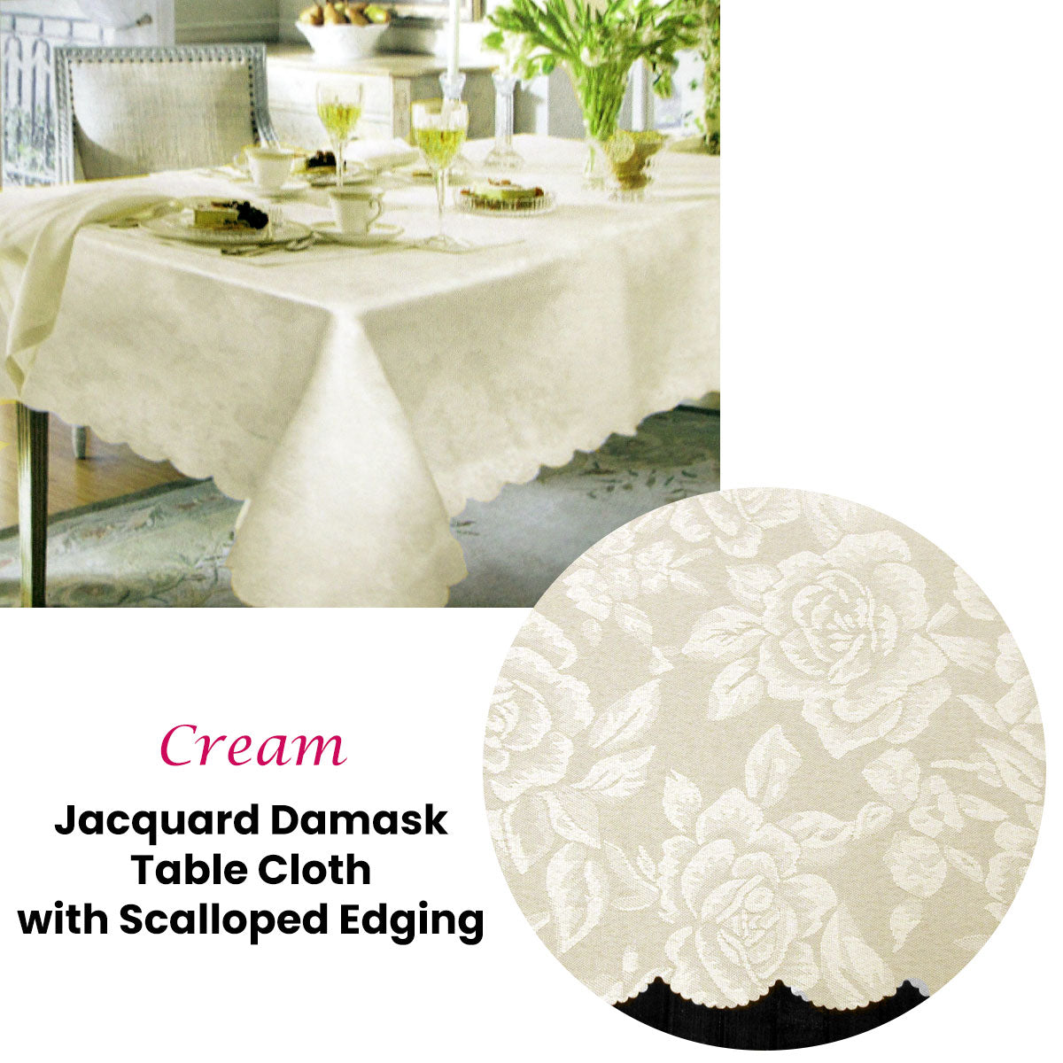 Jacquard Damask Design with Scalloped Edging Table Cloth Cream 140 x 180 cm - 0