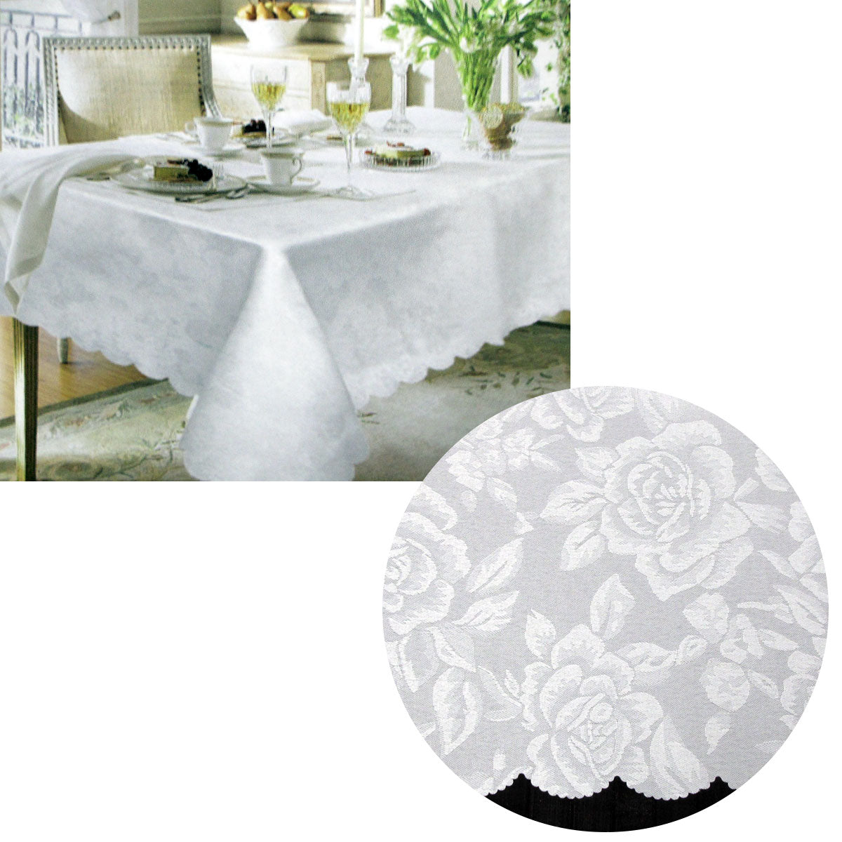 Jacquard Damask Design with Scalloped Edging Table Cloth White 140 x 180 cm