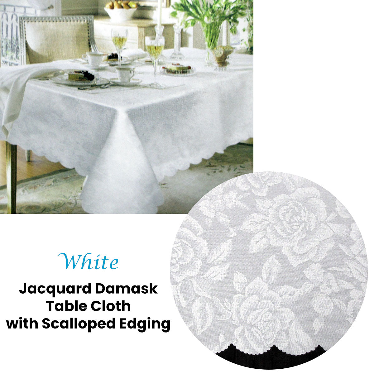 Jacquard Damask Design with Scalloped Edging Table Cloth White 140 x 180 cm - 0