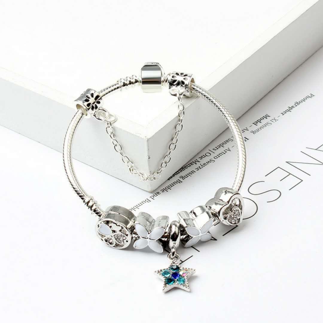 Women Silver Plated Bracelet Snake Chain with Classic Bead Barrel Clasp and Blue Star Pendant(20cm) - 0