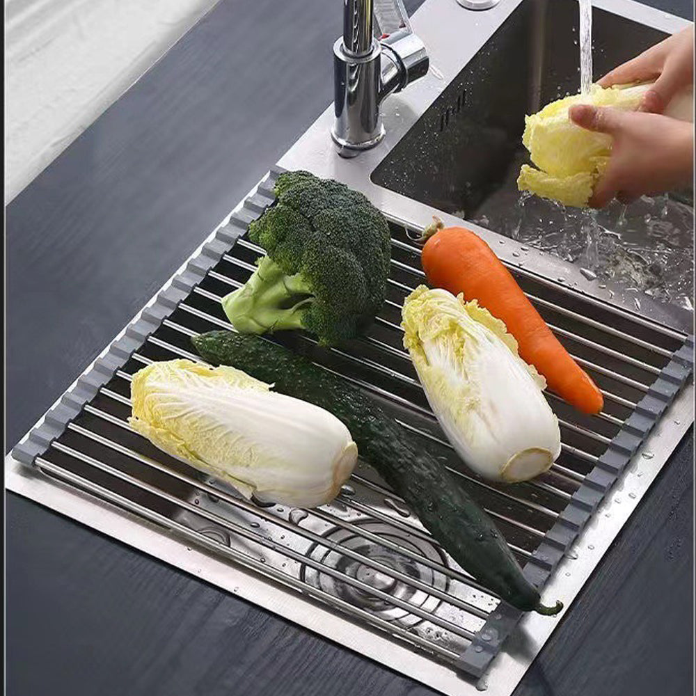 Kitchen Roll-Up Dish Drying Rack Foldable Drainer Over Sink 304-Stainless Steel(Large:47*37cm) - 0