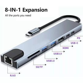 8in1 Hub USB-C To Type-C USB 3.0 4K HDMI RJ45 Ethernet SD TF OTG PD Port Adapter - 0