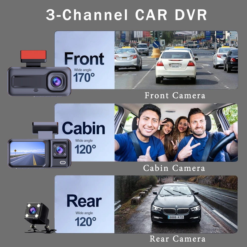 Front and Rear Triple Lens Dash Cam 1080P HD Three-Lens Driving Recorder Reversing Visual Recording