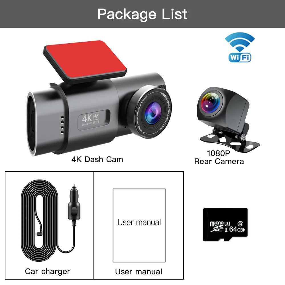 4K Dash Cam UHD 2160P WiFi Front Dashcam Night Vision Car Camera with 64GB Card