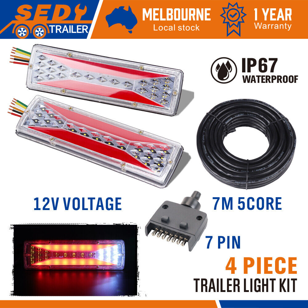 12V LED Trailer Tail Light Kit Pair Plug 7m 5 Core Wire 7 Pin Flat Plug Ute Set - 0