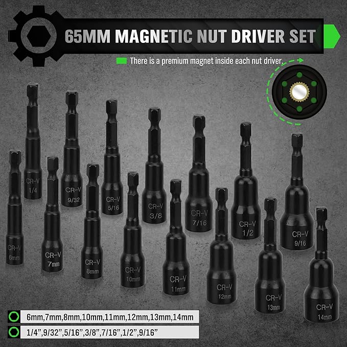 SWANLAKE SWANLAKE 39PCS Magnetic Hex Nut Driver Master Kit,1/4" Quick-Change Hex Shank, SAE & Metric Power Nuts Driver Drill Bit Tools Set,Cr-V Steel