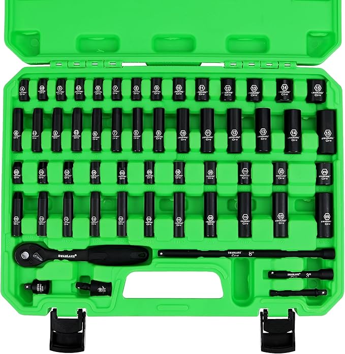 SWANLAKE 1/4" Drive Impact Socket Set, 56-Piece Standard SAE (5/32 to 9/16 inch) and Metric (4-15mm) Size, 6 Point, Cr-V, 1/4-Inch Drive Ratchet Handle, Drive Extension Bar, Impact Universal Joint