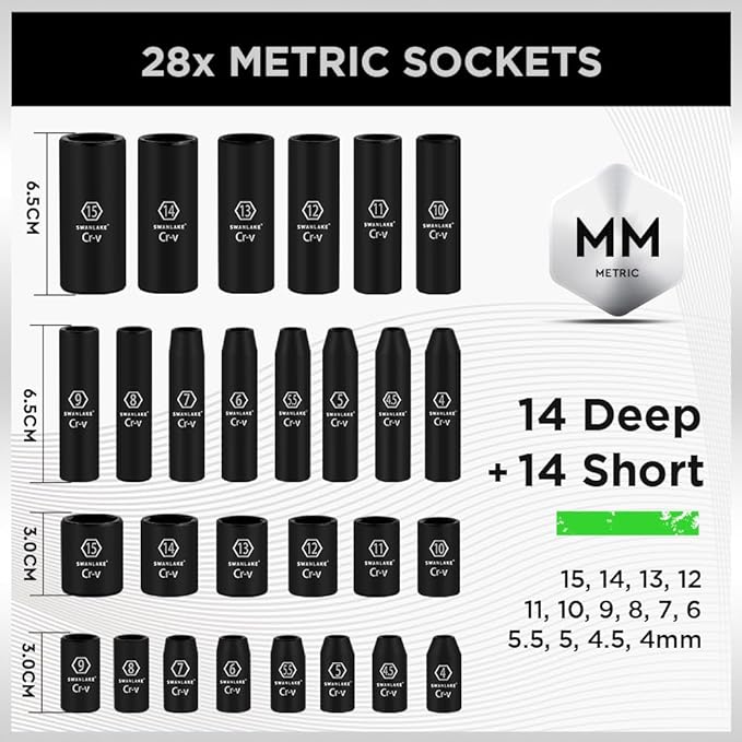 SWANLAKE 1/4" Drive Impact Socket Set, 56-Piece Standard SAE (5/32 to 9/16 inch) and Metric (4-15mm) Size, 6 Point, Cr-V, 1/4-Inch Drive Ratchet Handle, Drive Extension Bar, Impact Universal Joint - 0