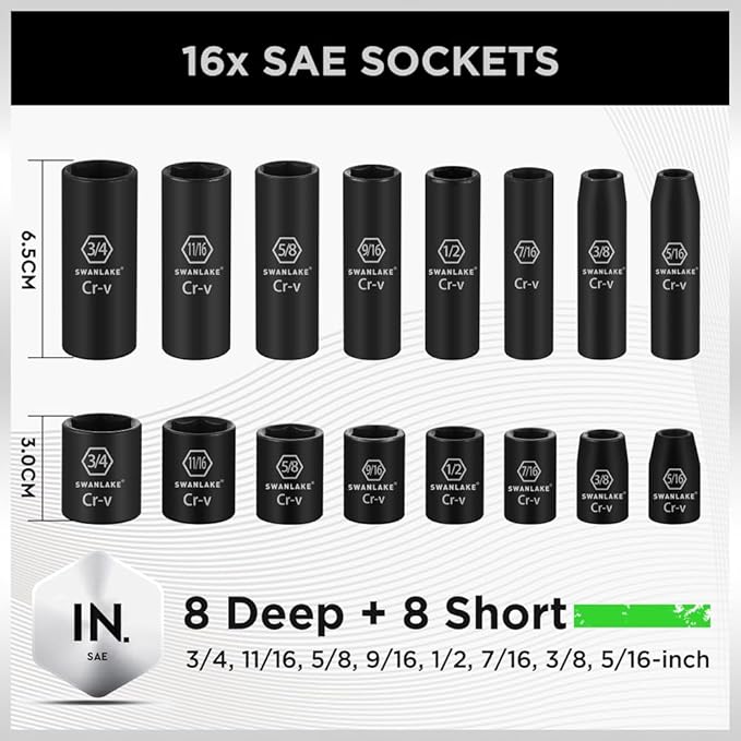 SWANLAKE 3/8" Drive Impact Socket Set, 50-Piece Standard SAE (5/16 to 3/4 inch) and Metric (8-22mm) Size, 6 Point, Cr-V, 3/8-Inch Ratchet Handle, Extension Bar, Universal Joint - 0