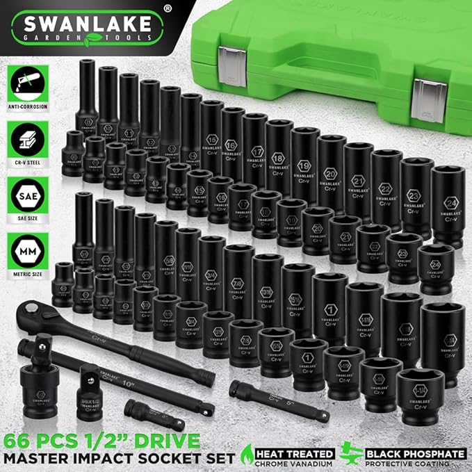 SWANLAKE 1/2" Drive Impact Socket Set, 66-Piece Standard SAE (3/8"-1-1/4") and Metric (8-24mm) Size, 6 Point, Cr-V, 1/2-Inch Drive Ratchet Handle, Drive Extension Bar, Impact Universal Joint - 0