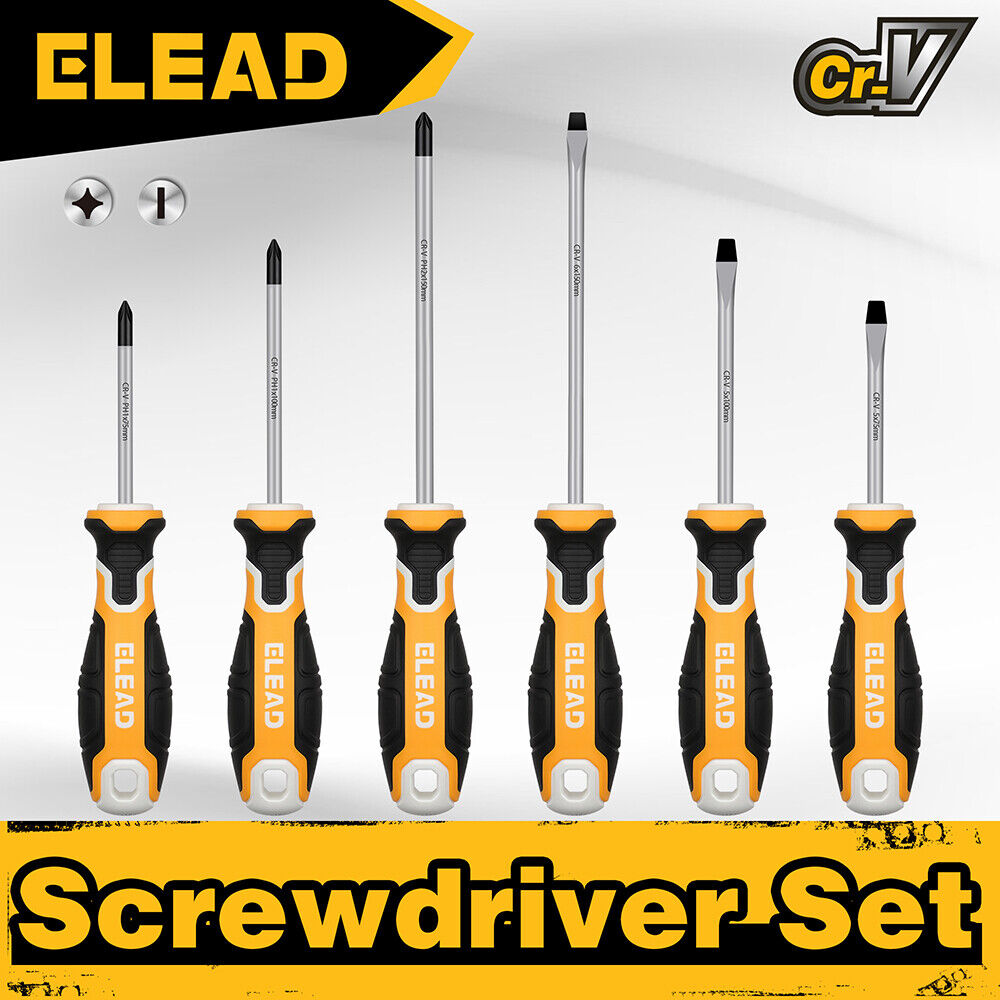 ELEAD 6Pcs Magnetic Screwdriver Set Phillips Slotted Non-Slip Handle Crv - 0