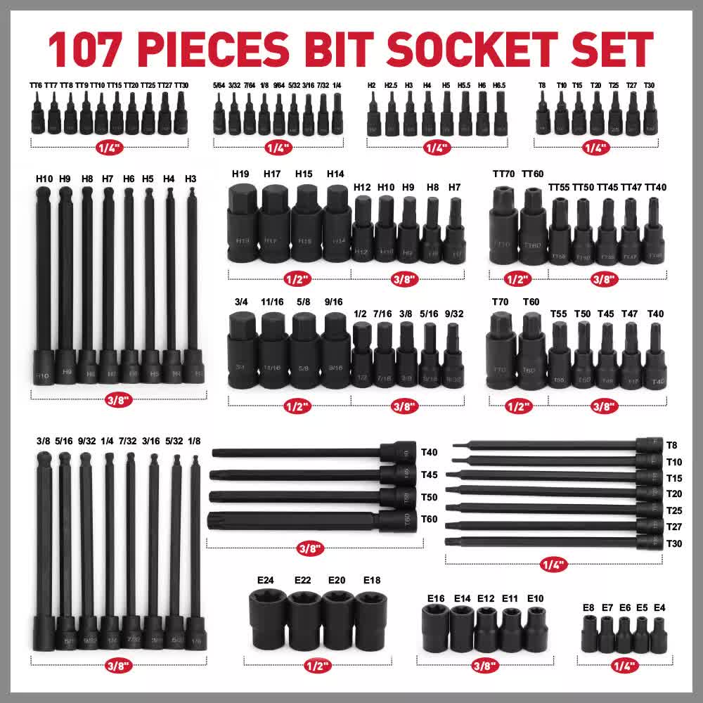 107Pc Hex & Torx Bit Socket Set E-Torx Extra Long Allen Key Sockets Metric & SAE