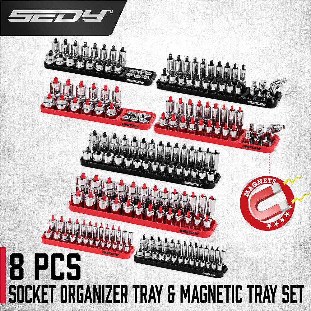 SEDY 8Pcs Magnetic Socket Organizer Tray Metric SAE Sockets Storage Holder Tool - 0