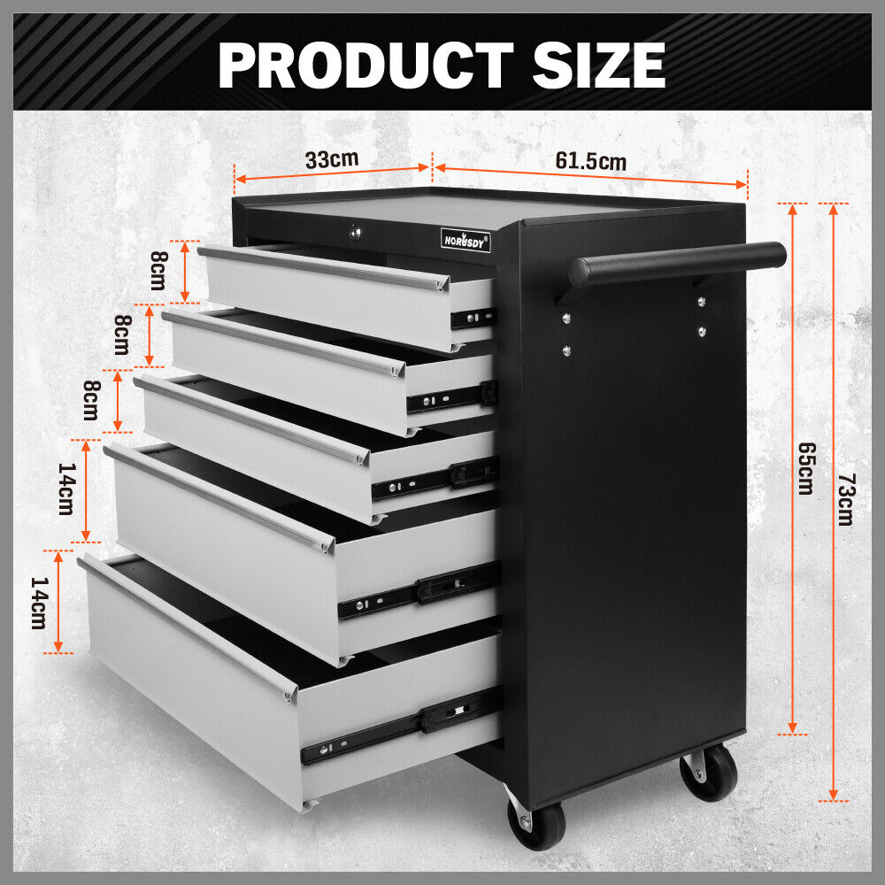 HORUSDY 5 Drawer Tool Box Trolley Cabinet Storage Cart Garage Organiser Lockable