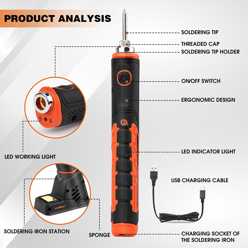 HORUSDY 8W 4V Max Cordless Soldering Iron Rechargeable with Lithium-Ion Battery