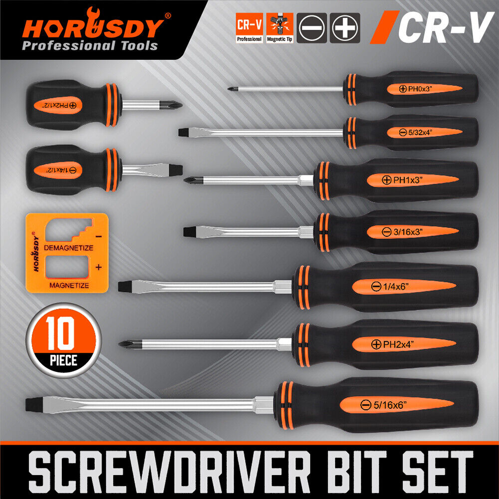 HORUSDY 10Pcs Magnetic Screwdriver Set Phillips Slotted Holder Magnetizer Au - 0