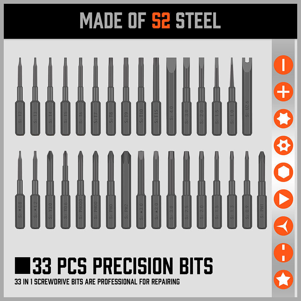 33 PC PRECISION SCREWDRIVER SET BITS PHILIP FLAT SLOTTED TORX HEX ELECTRONIC FIX